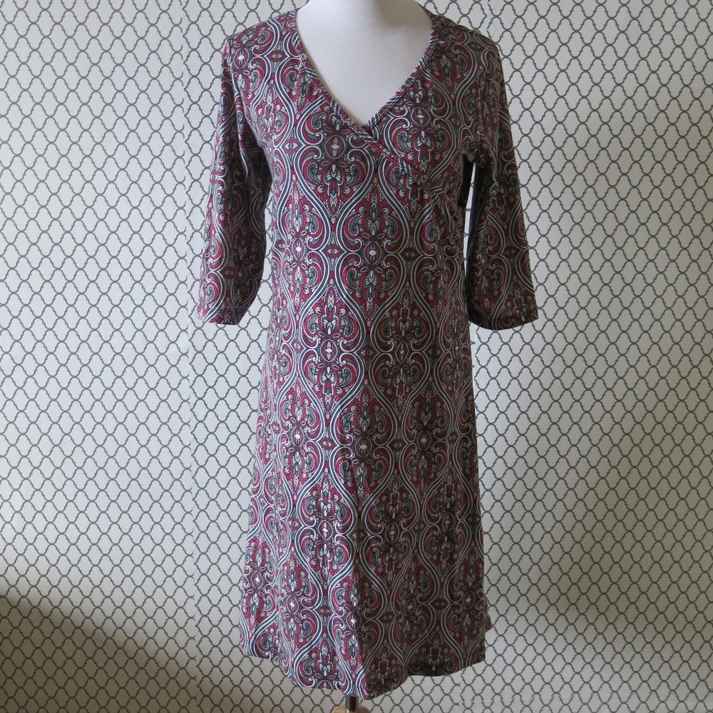 PrAna 3/4 Sleeve Stretchy Multicolor Paisley Pattern Surplice Dress - Size Large